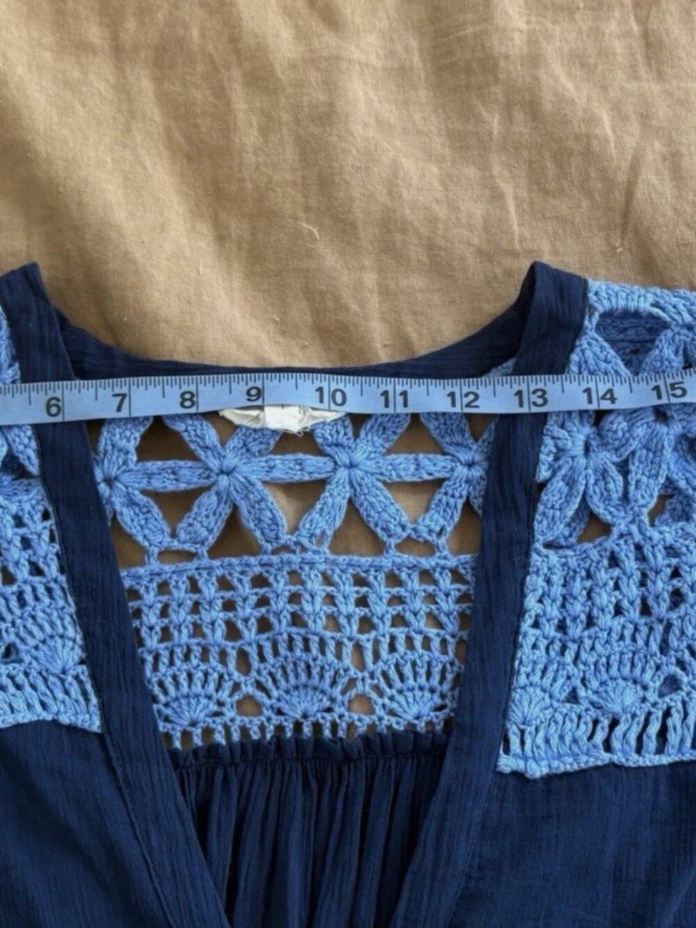 Chasing Unicorns Blue and navy Crochet mockingbird Dress L or XL - Picture 15 of 16